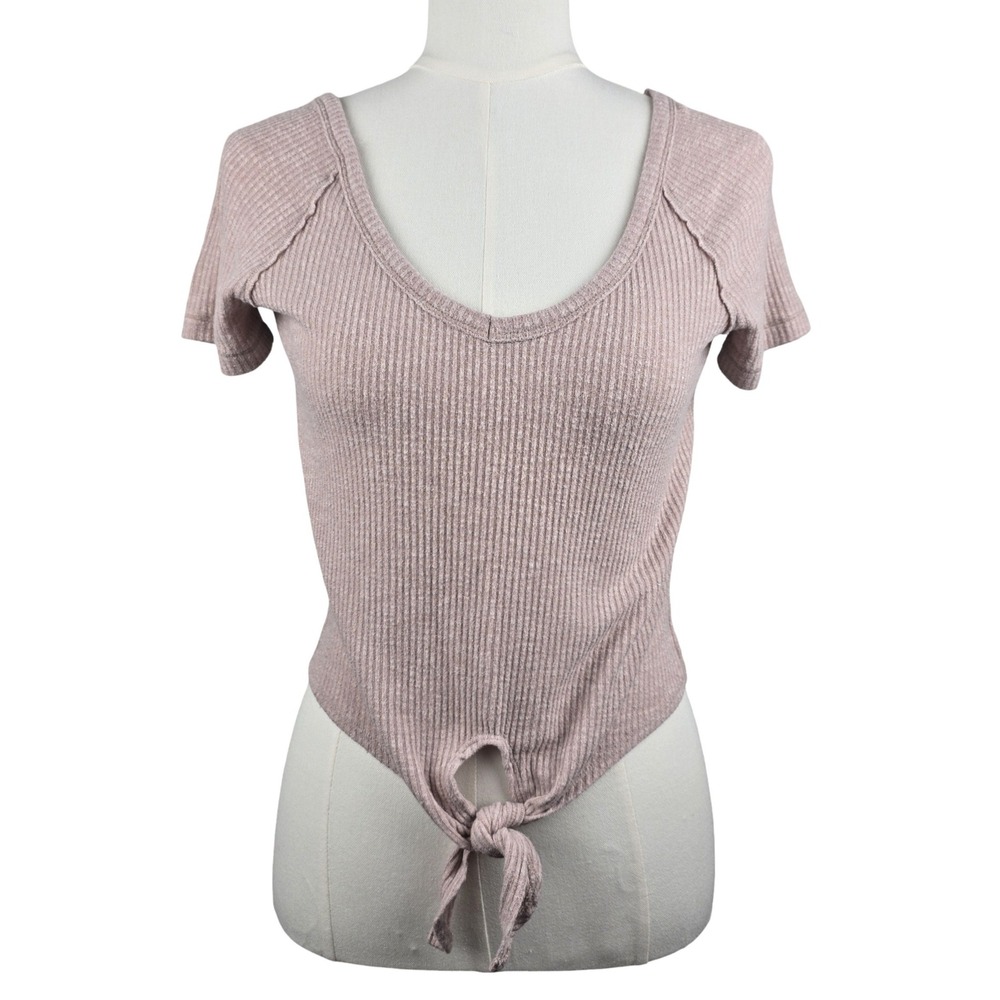 Abercrombie & Fitch Tie Front Crop Top Women XS Mauve Pink Ribbed V-Neck Top